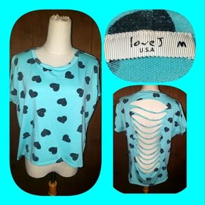 🦄 Woman's Teal Top w/ Black Hearts and Cut Up Back